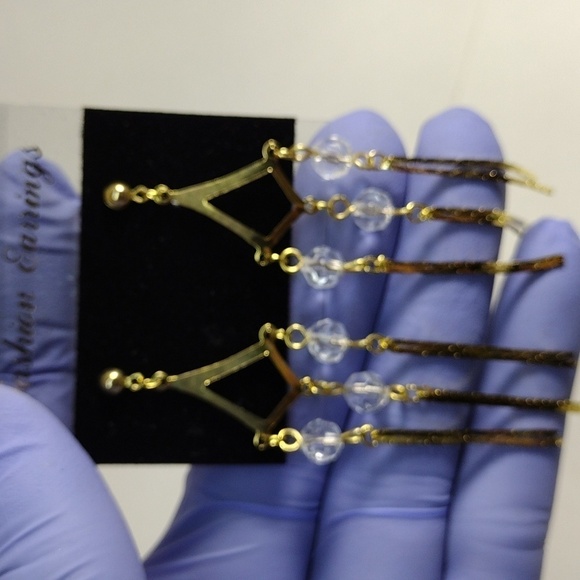 Women's Stunning Gold tone & Clear Beads Fringed Chandelier 3" Drop Earrings - Picture 6 of 7